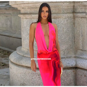 ZARA Fuchsia Open Back Midi Dress NWT | Blogger Fave Halter Neck